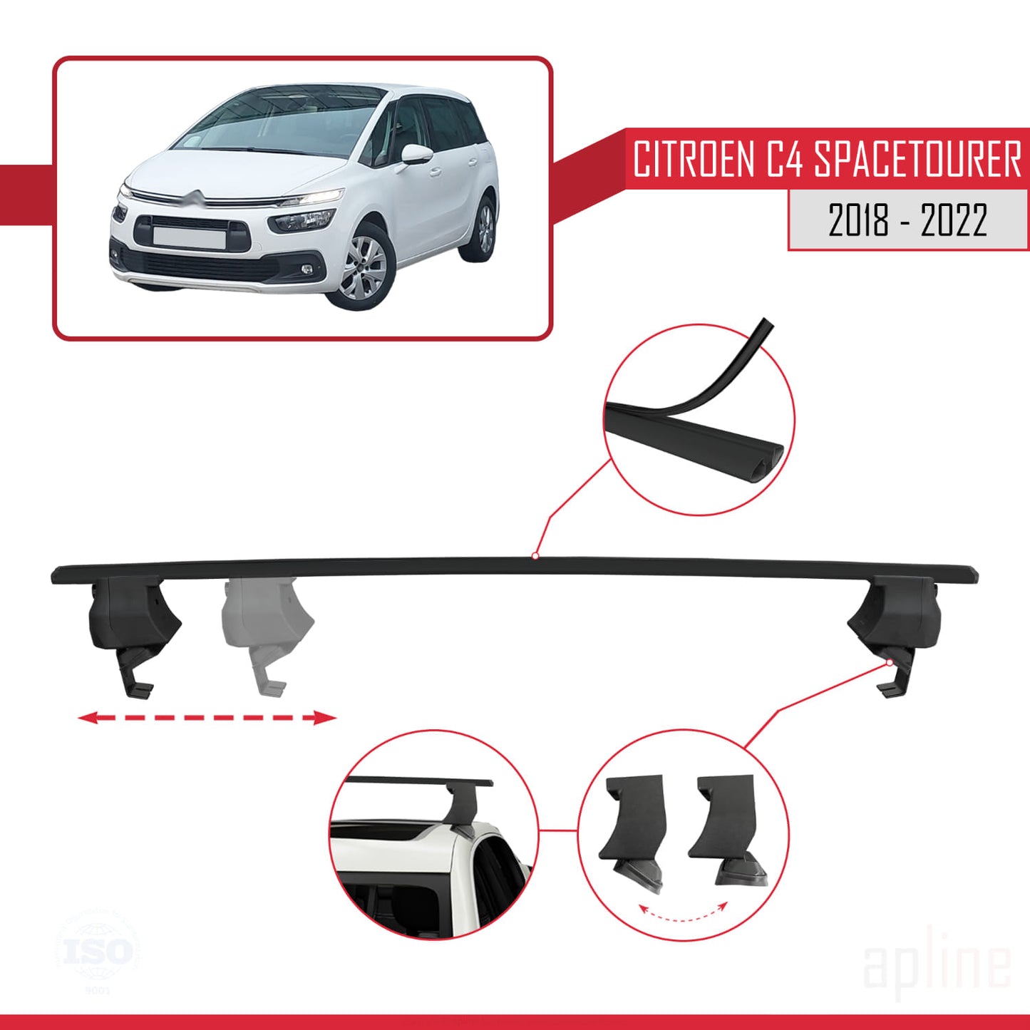 ACE-4 Dakdrager bagagedrager compatibel met Citroen C4 Spacetourer 2018-2022 Spoorstaven Zwart Aluminium 2 Staven