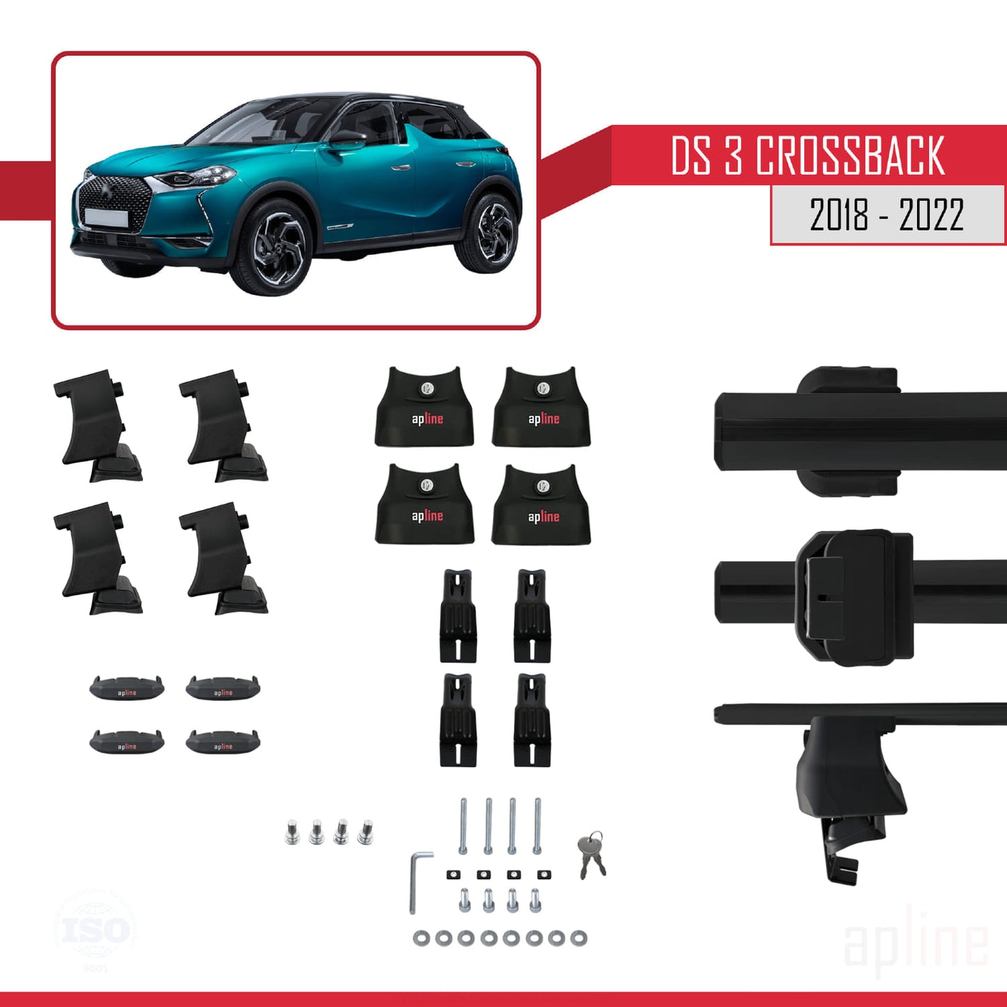 Compatible with DS 3 Crossback 2018-2022 ACE-4 Car Roof Rack Cross Bar Black Aluminium 2 Bars