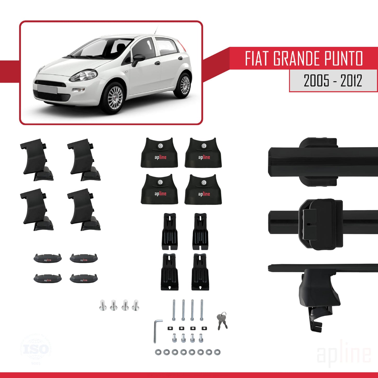Compatible avec Fiat Grande Punto (199) 2005-2012 ACE-4 Barres de Toit Railing Porte-Bagages de Voiture Noir Aluminium 2 Barres