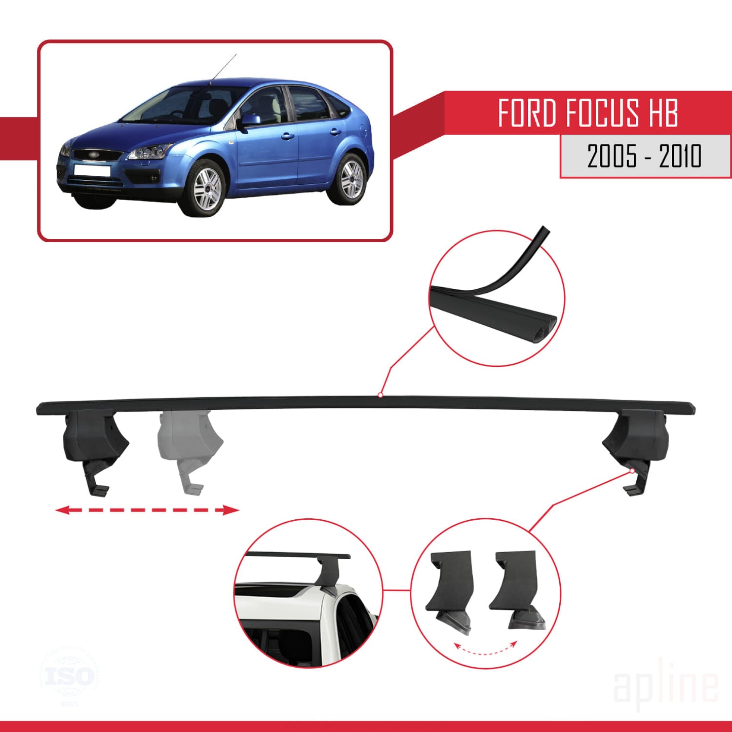 Compatible avec Ford Focus 2 (C307) HB 2005-2010 ACE-4 Barres de Toit Railing Porte-Bagages de Voiture Noir Aluminium 2 Barres