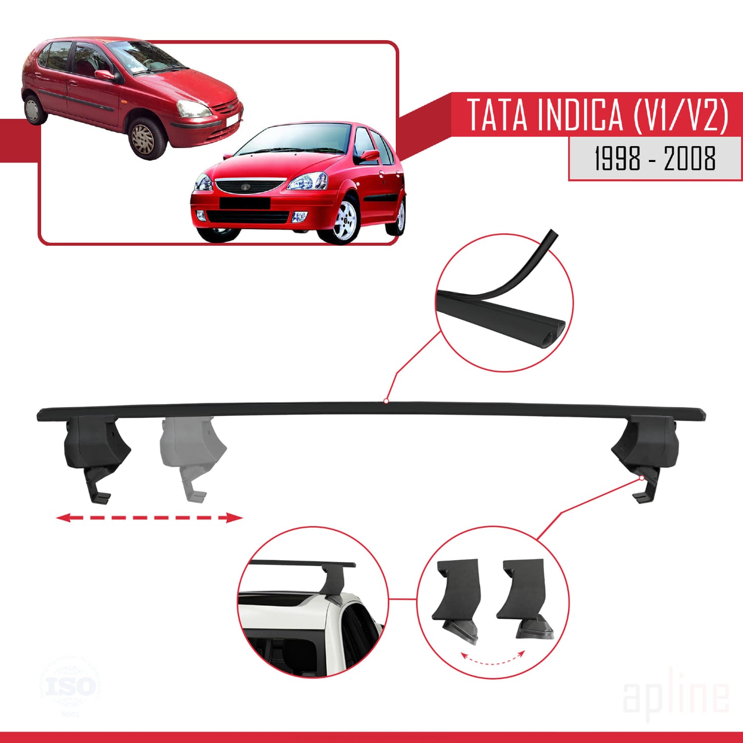 Compatible avec Tata Indica (V1/V2) 1998-2008 ACE-4 Barres de Toit Railing Porte-Bagages de Voiture Noir Aluminium 2 Barres