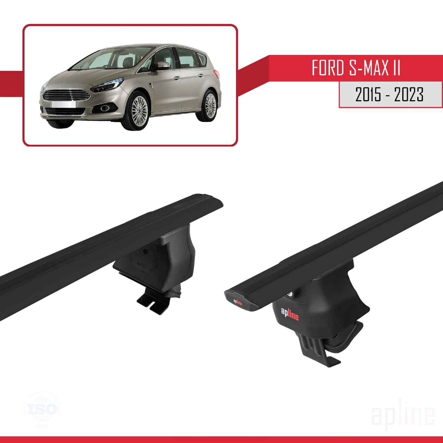 Compatible avec Ford S-Max 2 (CD539) 2015-2023 ACE-4 Barres de Toit Railing Porte-Bagages de Voiture Noir Aluminium 2 Barres