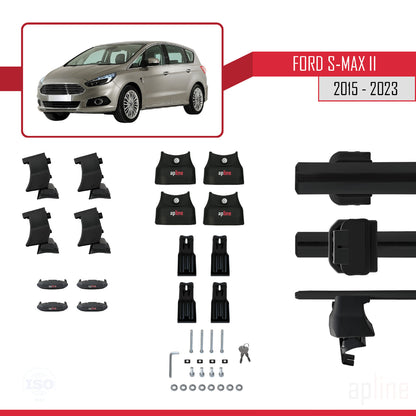Compatible avec Ford S-Max 2 (CD539) 2015-2023 ACE-4 Barres de Toit Railing Porte-Bagages de Voiture Noir Aluminium 2 Barres
