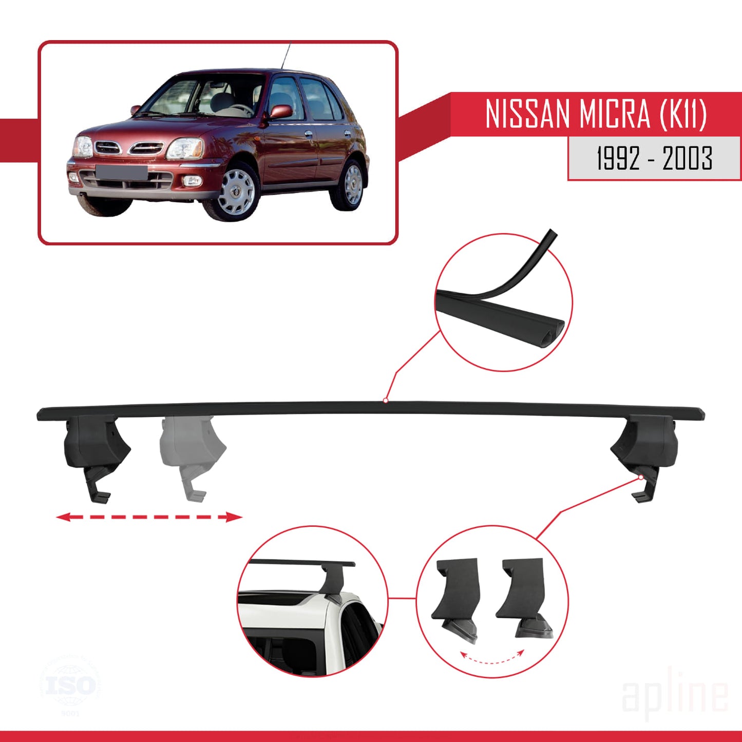 Compatible avec Nissan Micra 2 (K11) 1992-2003 ACE-4 Barres de Toit Railing Porte-Bagages de Voiture Noir Aluminium 2 Barres
