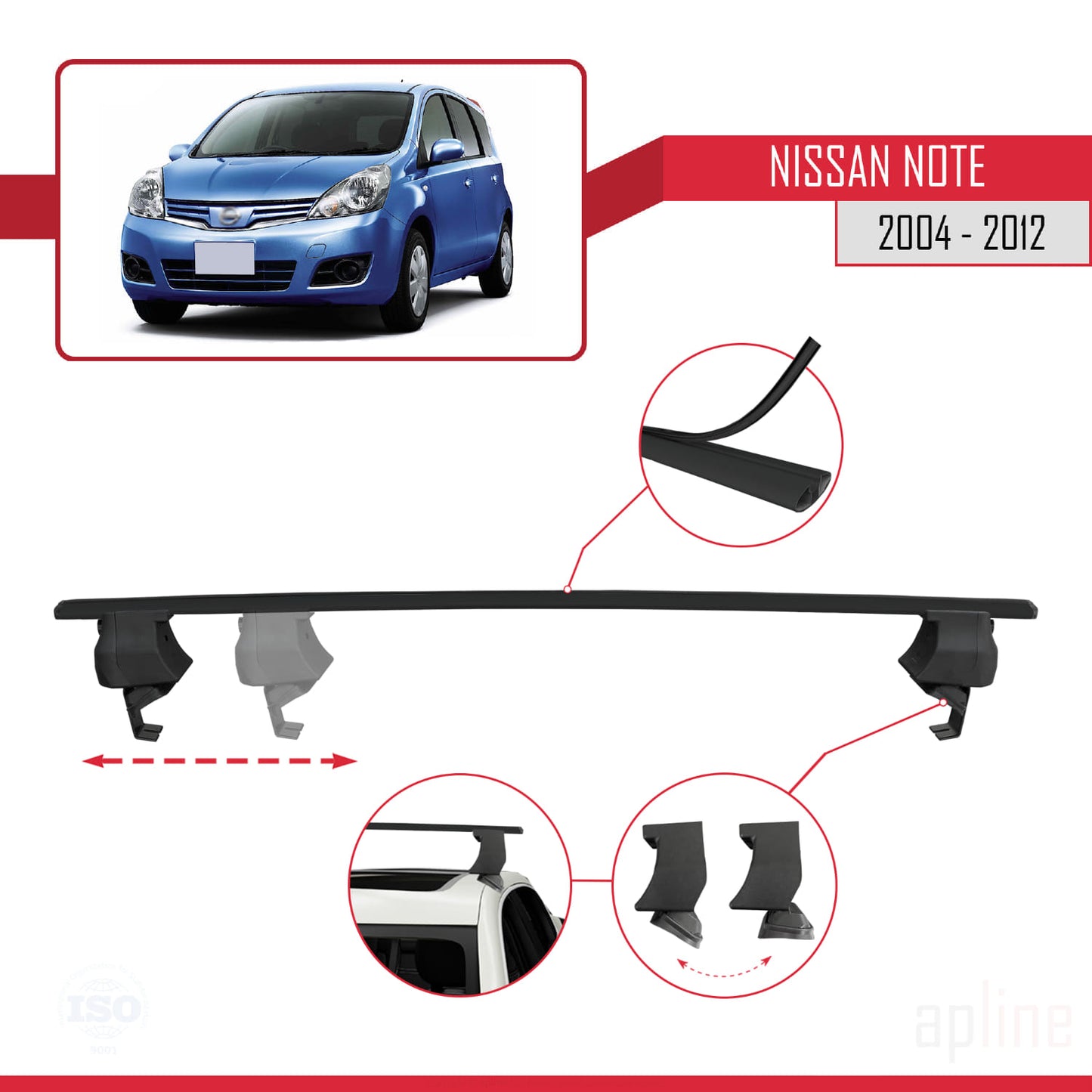 Compatible avec Nissan Note (E11) 2004-2012 ACE-4 Barres de Toit Railing Porte-Bagages de Voiture Noir Aluminium 2 Barres
