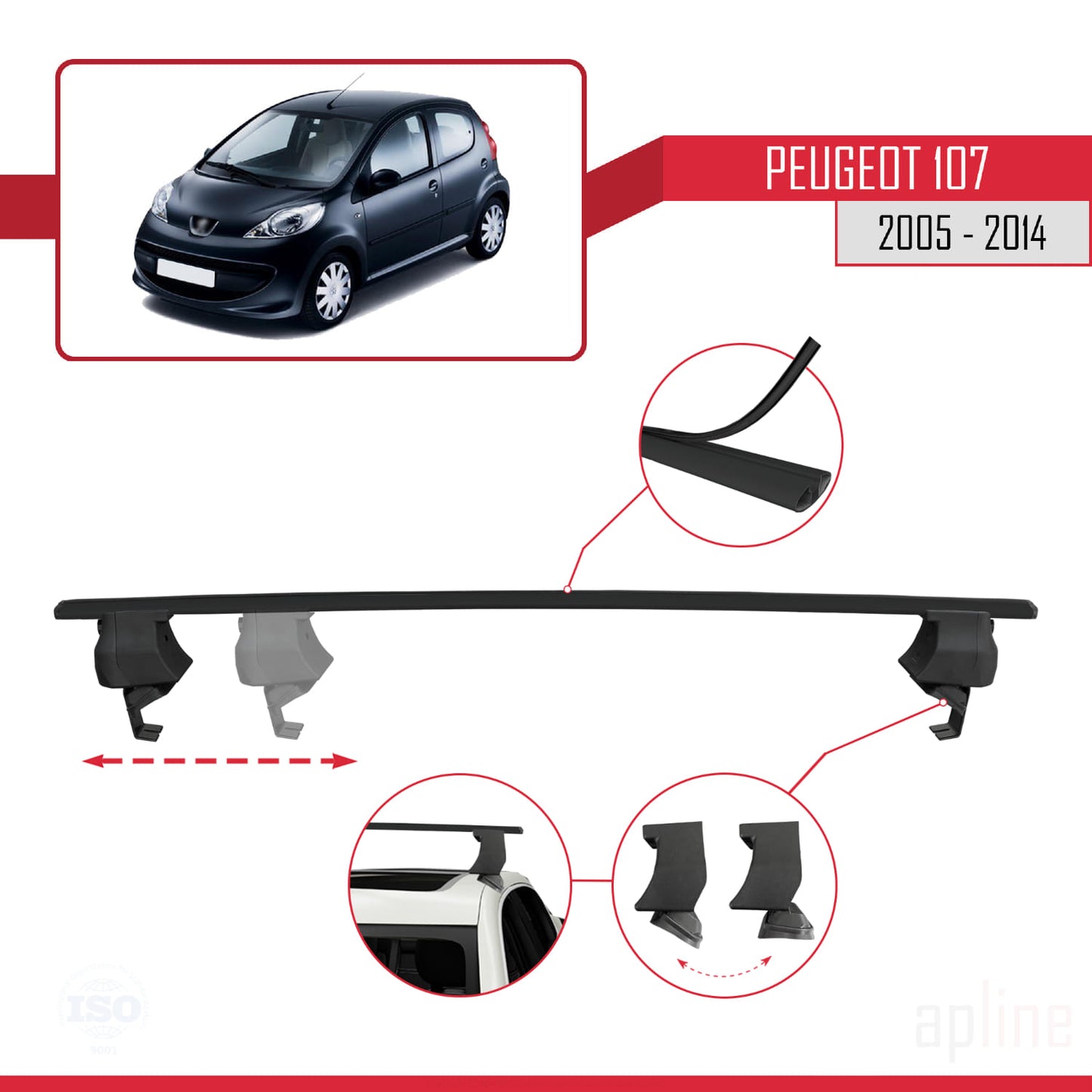 Compatible avec Peugeot 107 2005-2014 ACE-4 Barres de Toit Railing Porte-Bagages de Voiture Noir Aluminium 2 Barres