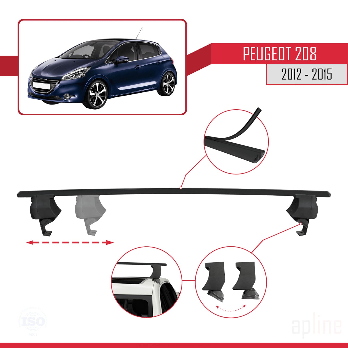 Compatible avec Peugeot 208 (A9) Pre-Facelift 2012-2015 ACE-4 Barres de Toit Railing Porte-Bagages de Voiture Noir Aluminium 2 Barres
