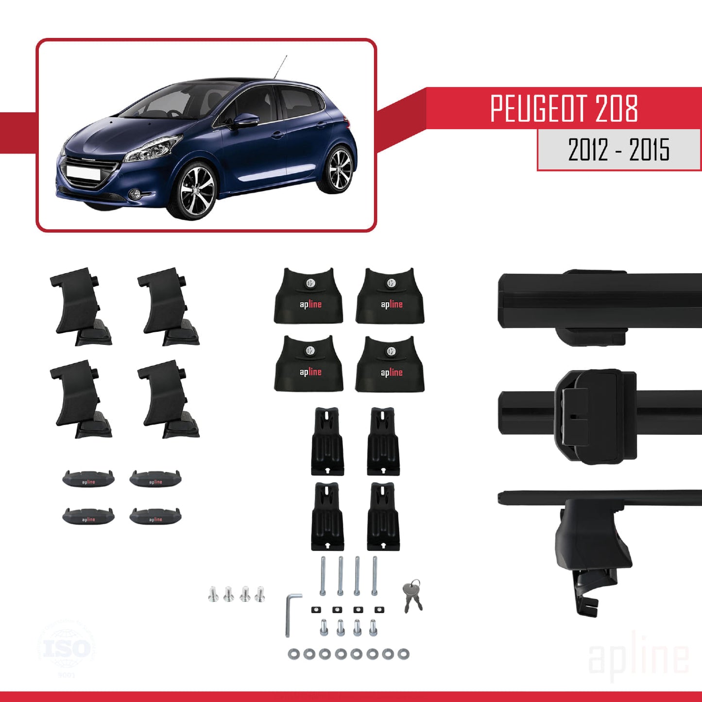 Compatible avec Peugeot 208 (A9) Pre-Facelift 2012-2015 ACE-4 Barres de Toit Railing Porte-Bagages de Voiture Noir Aluminium 2 Barres