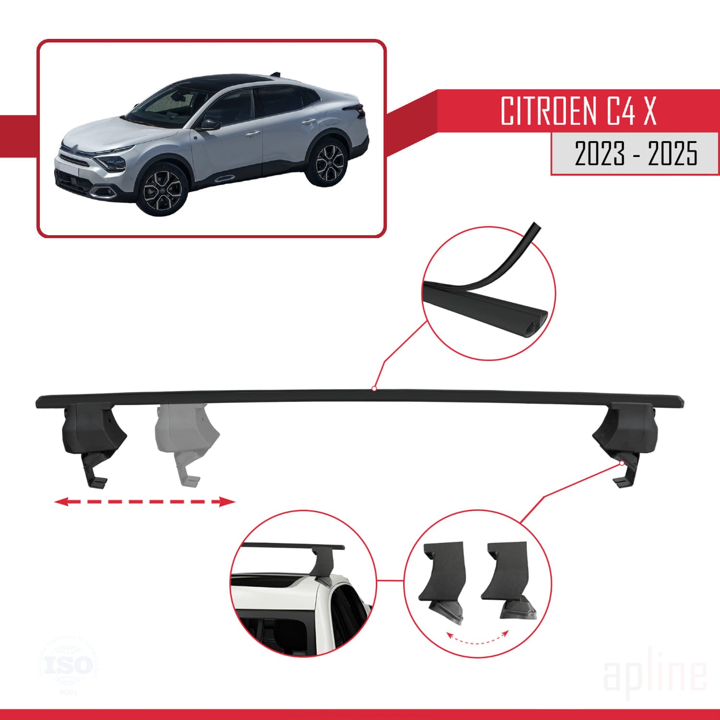 Compatible with Citroen C4X 2023-2025 ACE-4 Car Roof Rack Cross Bar Black Aluminium 2 Bars