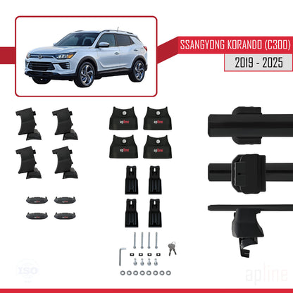 Compatible avec Ssangyong Korando 4 (C300) 2019-2025 ACE-4 Barres de Toit Railing Porte-Bagages de Voiture Noir Aluminium 2 Barres