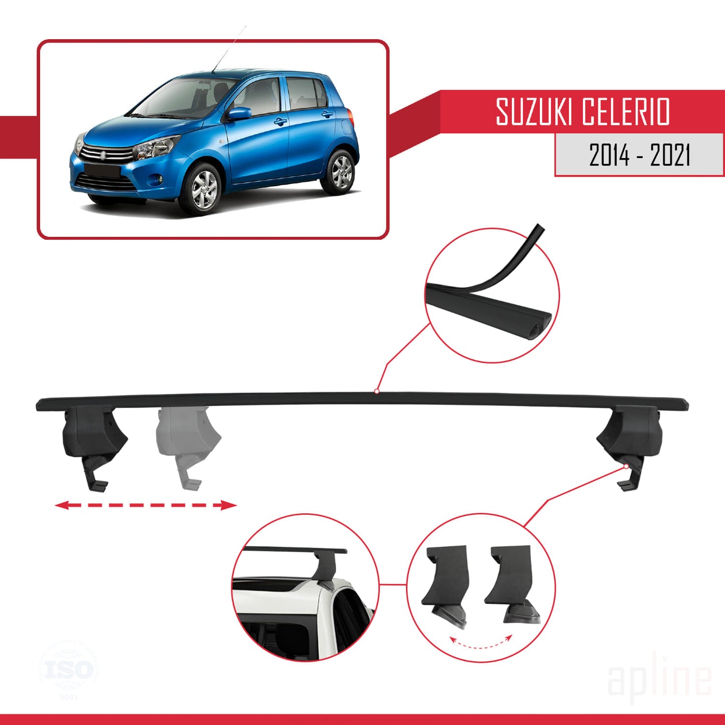Compatible avec Suzuki Celerio 2 (FE) 2014-2021 ACE-4 Barres de Toit Railing Porte-Bagages de Voiture Noir Aluminium 2 Barres