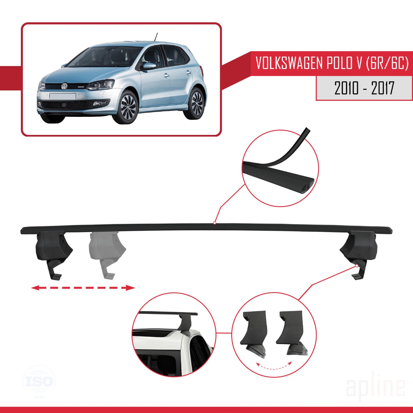 Compatible avec Volkswagen Polo 5 (6R) 2010-2017 ACE-4 Barres de Toit Railing Porte-Bagages de Voiture Noir Aluminium 2 Barres