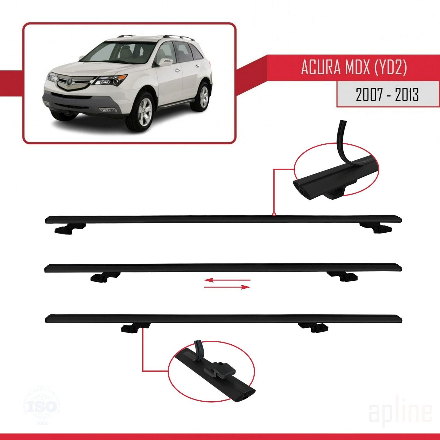 Compatible avec Acura MDX (YD2) 2007-2013 BASIC Model Barres de Toit Railing Porte-Bagages de Voiture Noir Aluminium 2 Barres