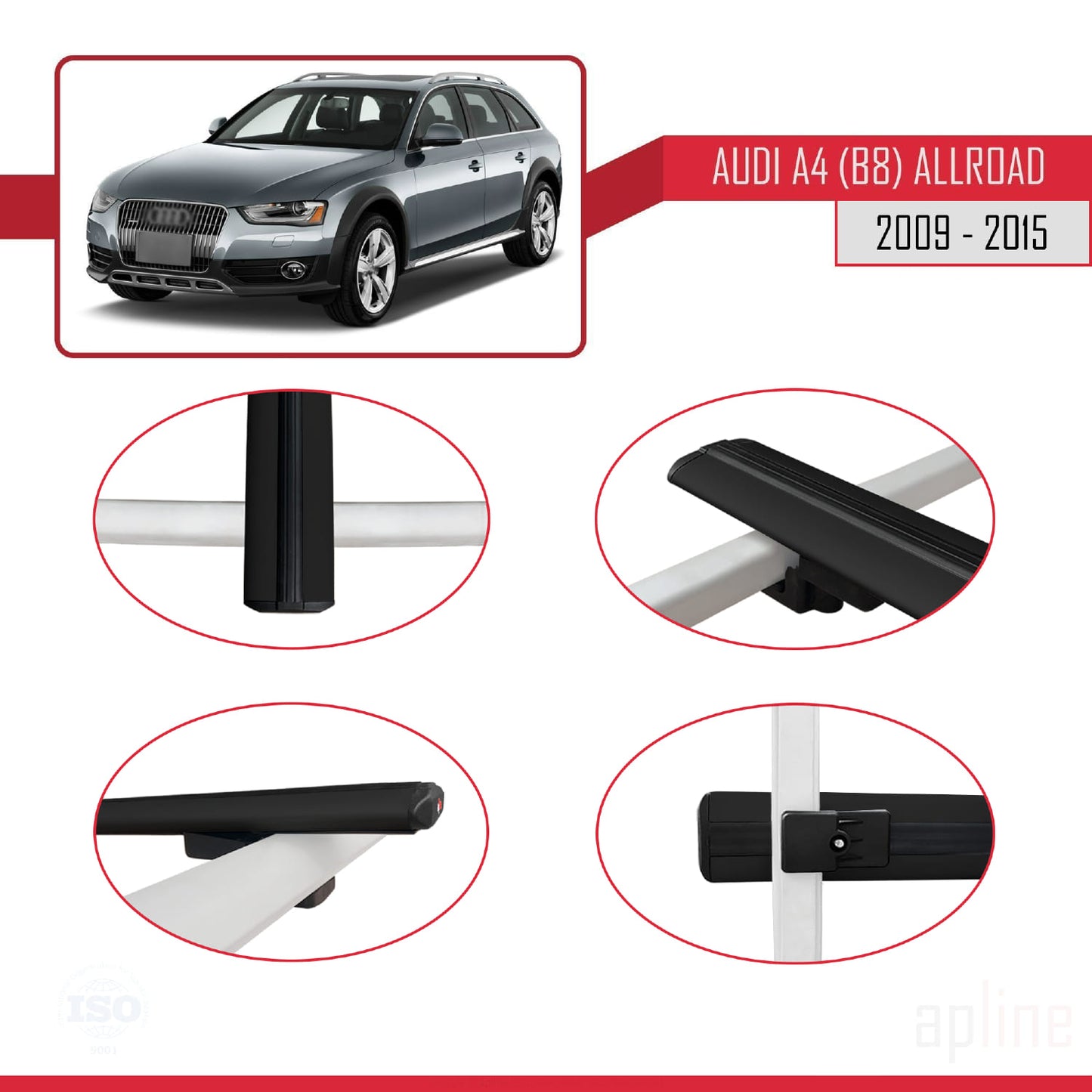Compatible avec A4 (B8) Allroad 2009-2015 BASIC Model Barres de Toit Railing Porte-Bagages de Voiture Noir Aluminium 2 Barres