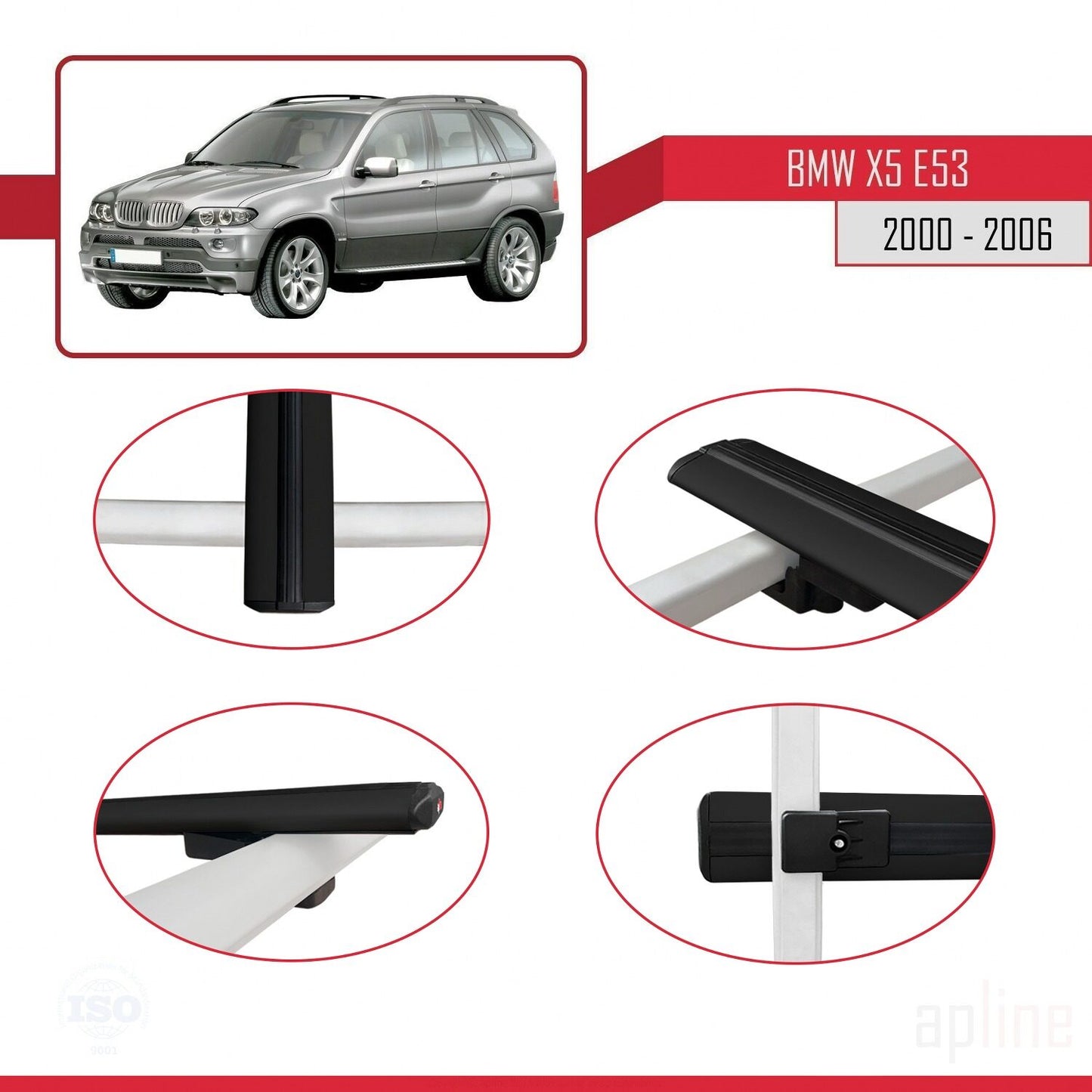 Compatible avec BMW X5 (E53) 2000-2006 BASIC Model Barres de Toit Railing Porte-Bagages de Voiture Noir Aluminium 3 Barres