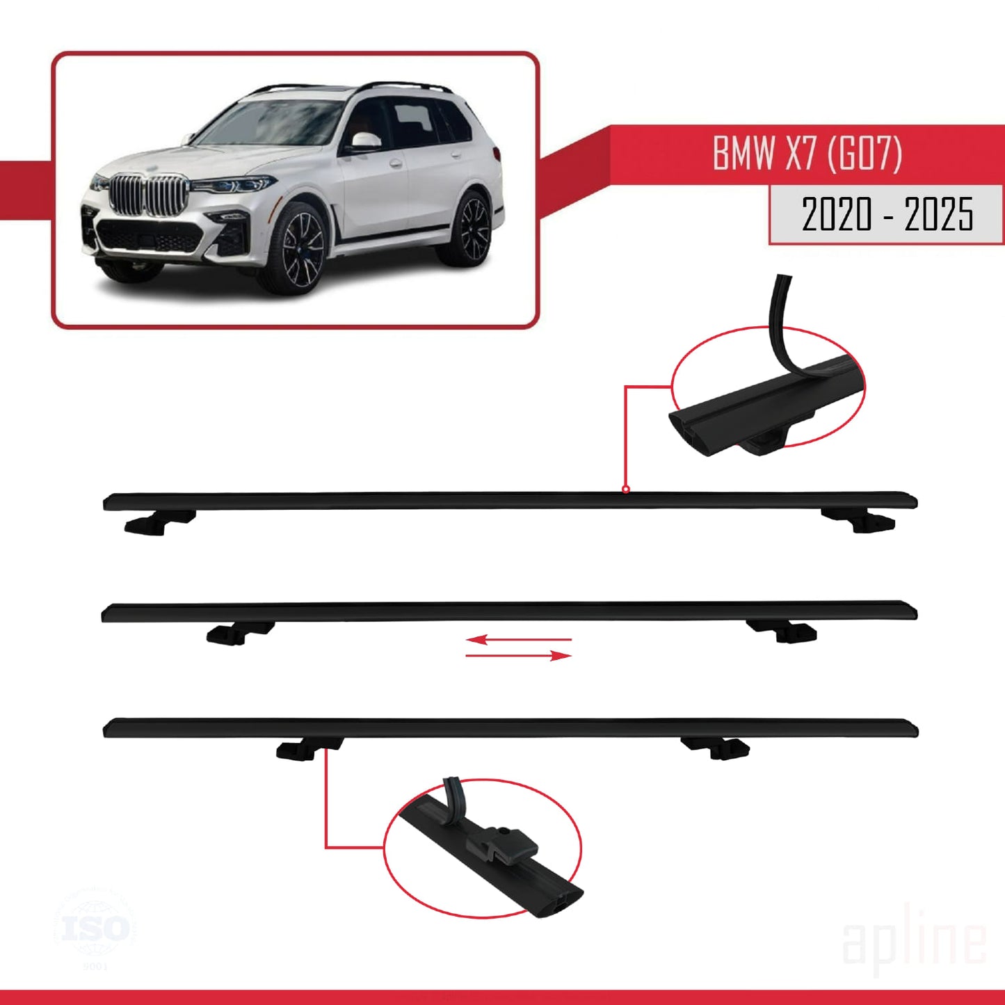 Compatible avec BMW X7 (G07) 2020-2025 BASIC Model Barres de Toit Railing Porte-Bagages de Voiture Noir Aluminium 3 Barres