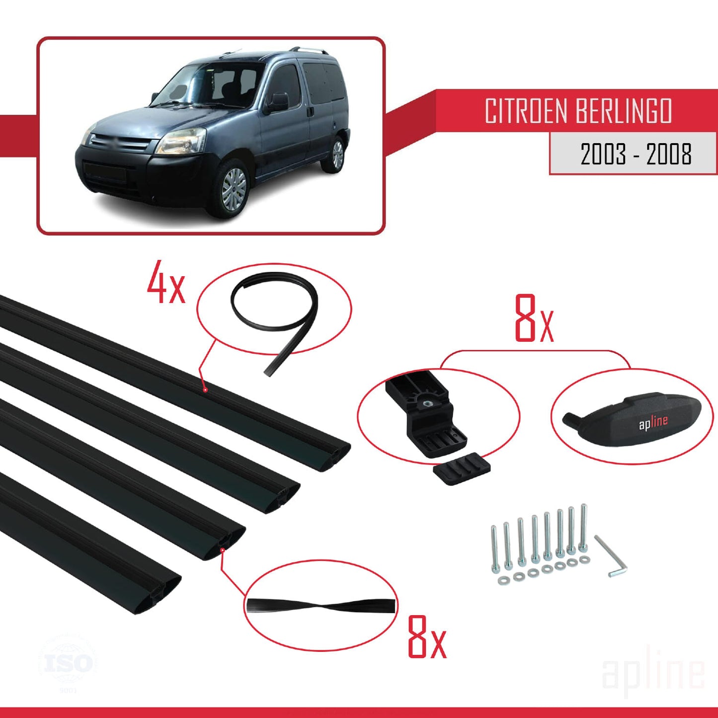 Compatible avec Citroen Berlingo (M59) 2003-2008 BASIC Model Barres de Toit Railing Porte-Bagages de Voiture Noir Aluminium 4 Barres