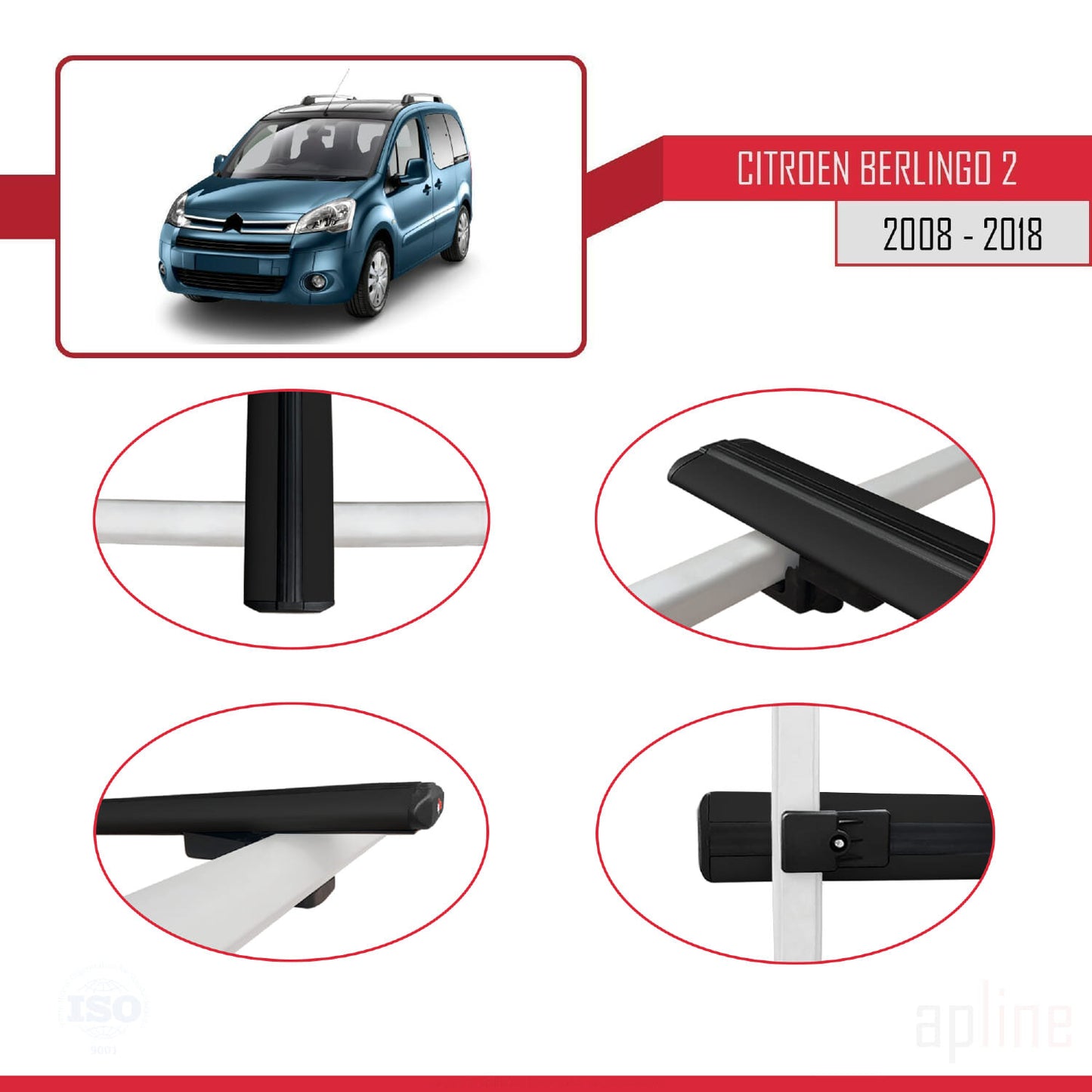 Compatible avec Citroen Berlingo 2 (B9) 2008-2018 BASIC Model Barres de Toit Railing Porte-Bagages de Voiture Noir Aluminium 4 Barres