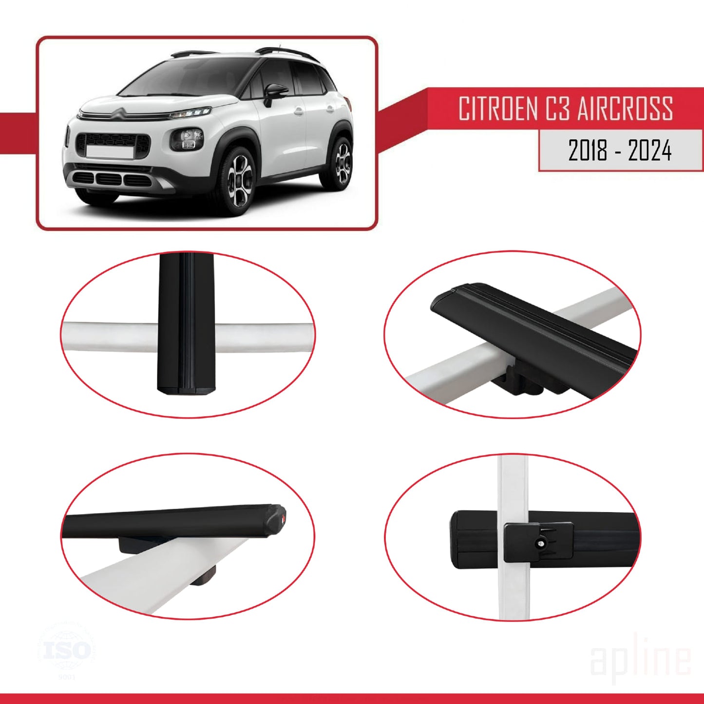 Compatible avec Citroen C3 Aircross (A88) 2018-2024 BASIC Model Barres de Toit Railing Porte-Bagages de Voiture Noir Aluminium 2 Barres