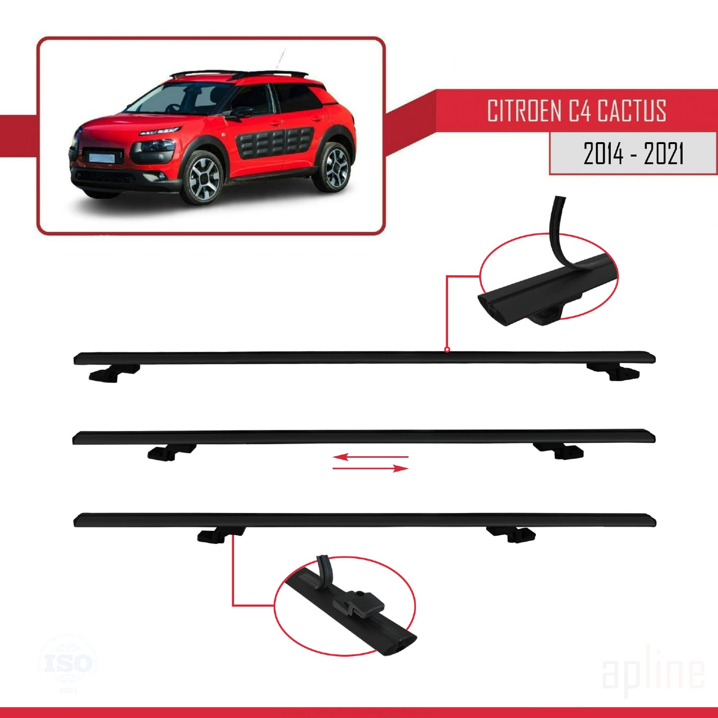 Compatible avec Citroen C4 Cactus 2014-2021 BASIC Model Barres de Toit Railing Porte-Bagages de Voiture Noir Aluminium 3 Barres