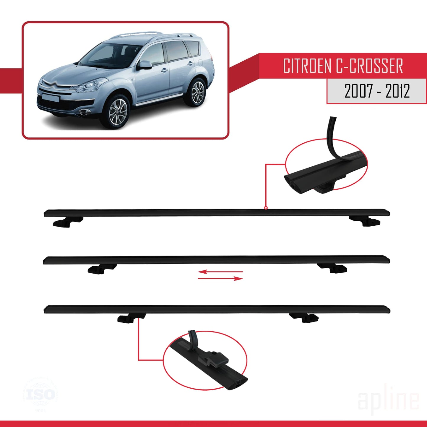 Compatible avec Citroen C-Crosser 2007-2012 BASIC Model Barres de Toit Railing Porte-Bagages de Voiture Noir Aluminium 2 Barres
