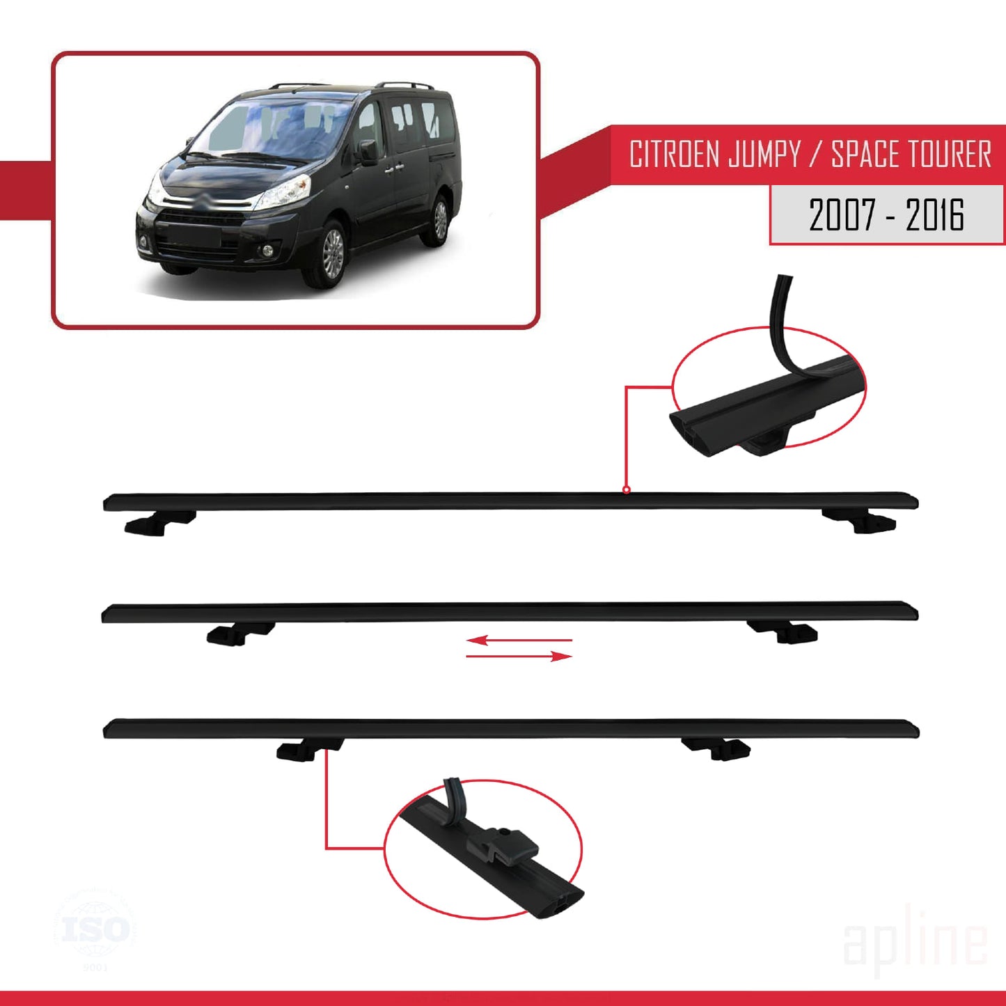 Compatible avec Citroen Jumpy 2 (G9) 2007-2016 BASIC Model Barres de Toit Railing Porte-Bagages de Voiture Noir Aluminium 3 Barres