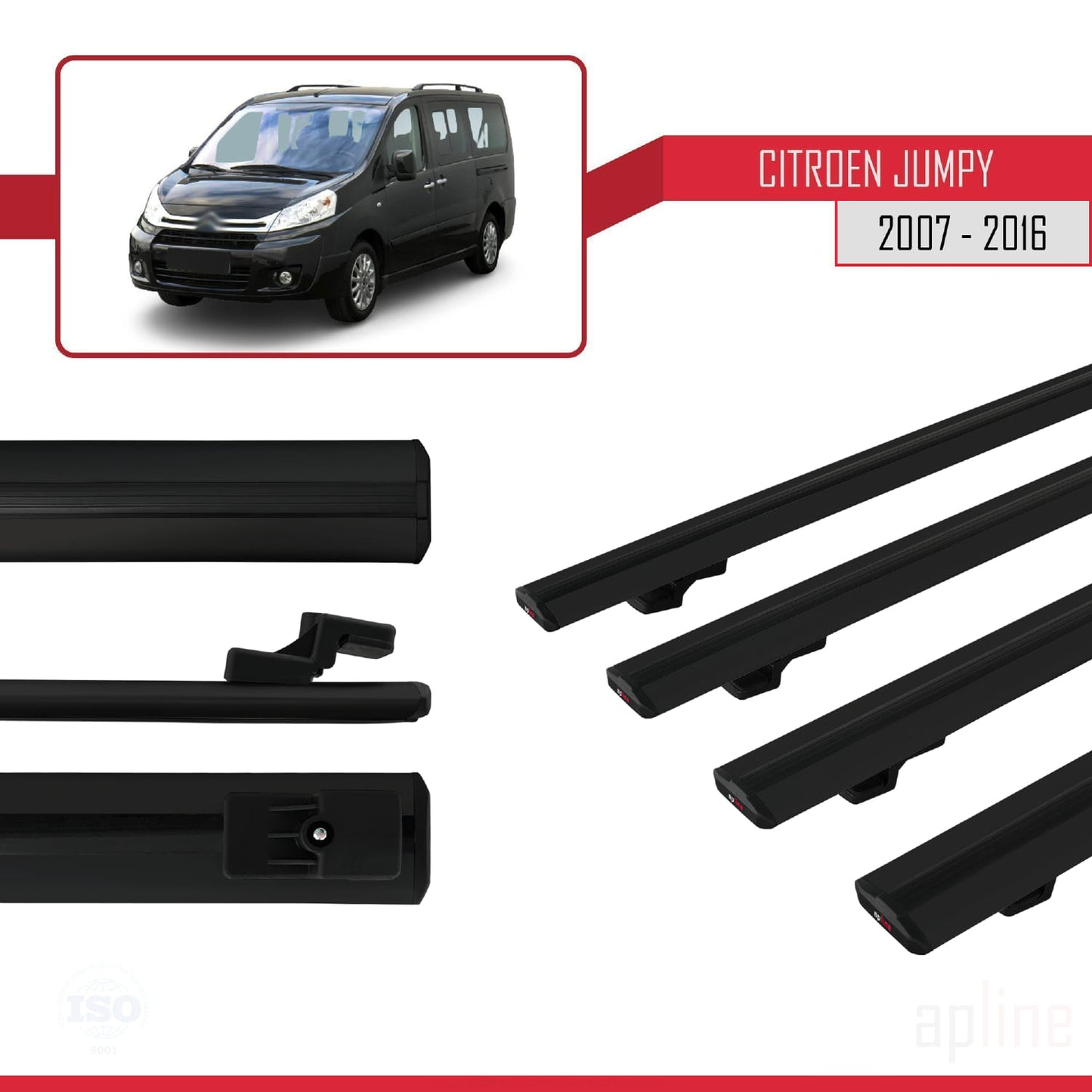Compatible avec Citroen Jumpy 2 (G9) 2007-2016 BASIC Model Barres de Toit Railing Porte-Bagages de Voiture Noir Aluminium 4 Barres
