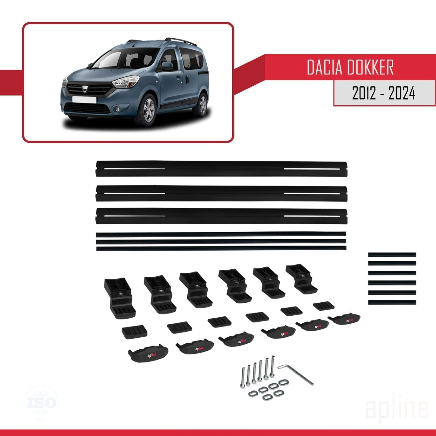 Compatible avec Dacia Dokker (K67) 2012-2024 BASIC Model Barres de Toit Railing Porte-Bagages de Voiture Noir Aluminium 3 Barres