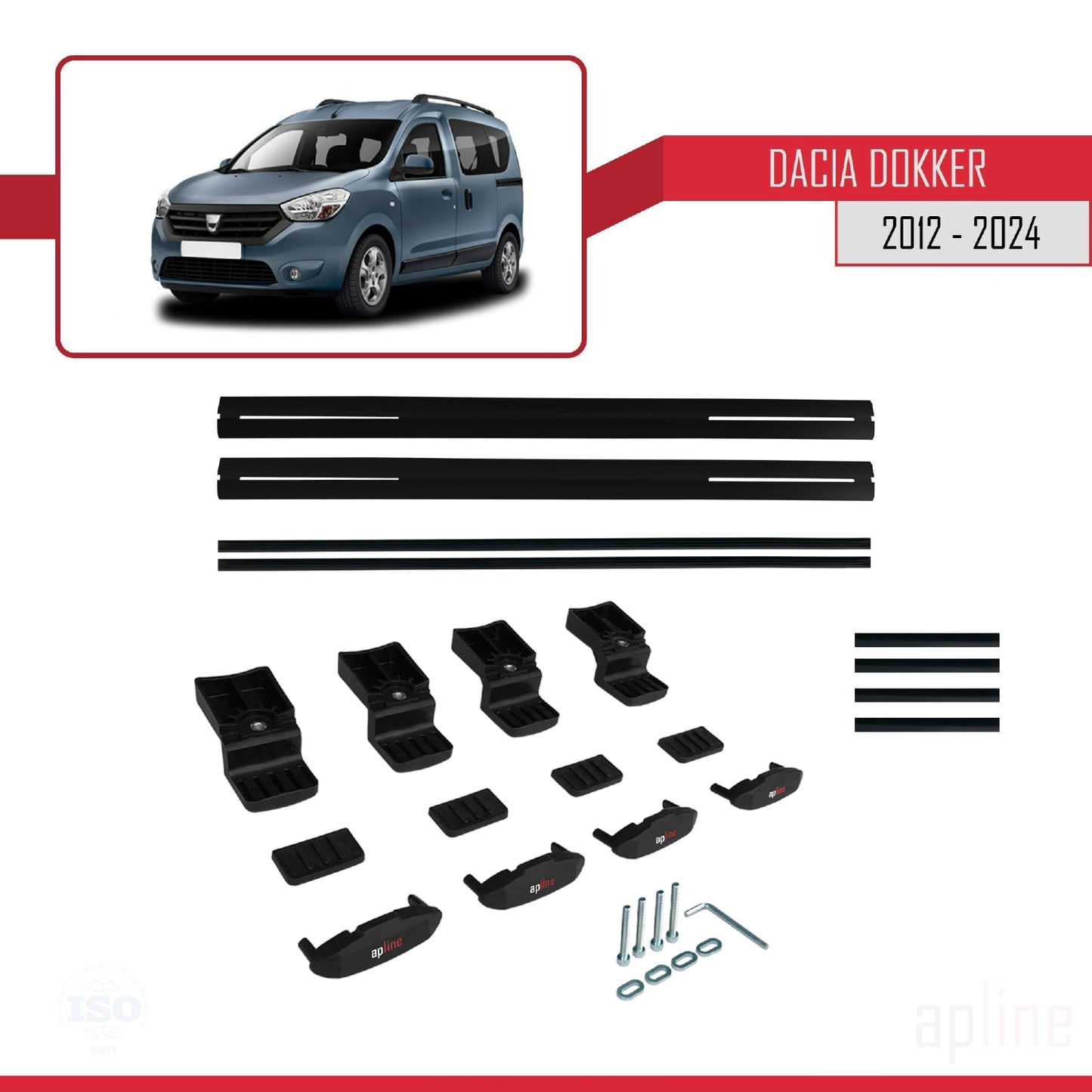 Compatible avec Dacia Dokker (K67) 2012-2024 BASIC Model Barres de Toit Railing Porte-Bagages de Voiture Noir Aluminium 2 Barres