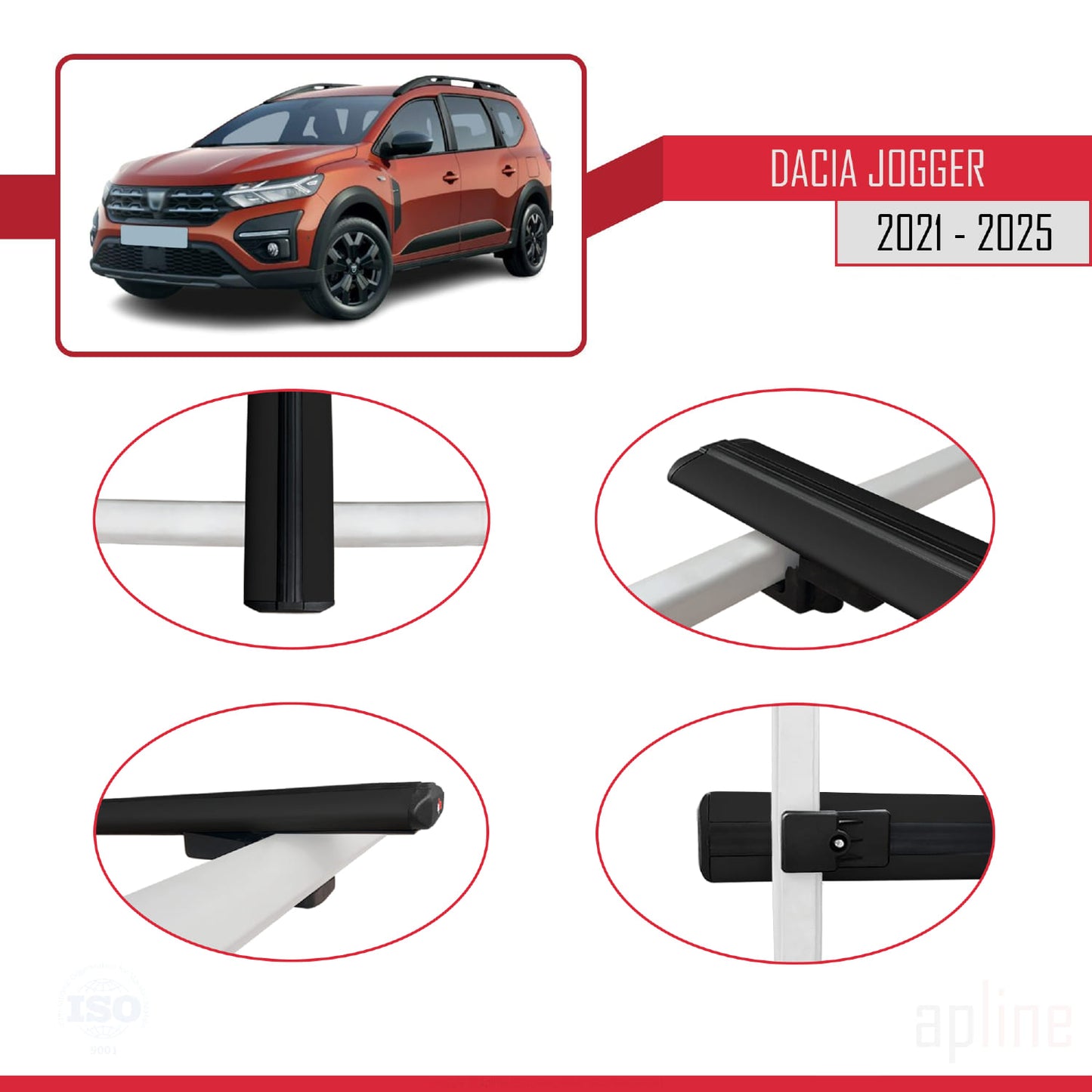 Compatible avec Dacia Jogger 2021-2025 BASIC Model Barres de Toit Railing Porte-Bagages de Voiture Noir Aluminium 3 Barres