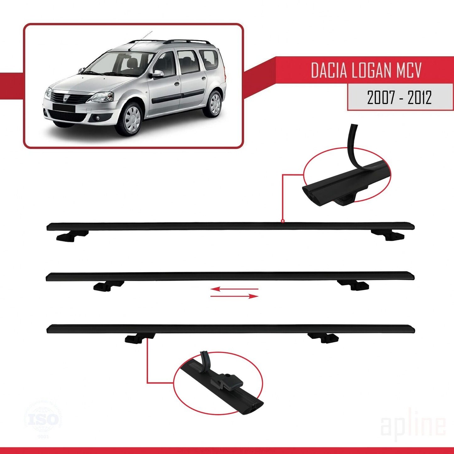 Compatible avec Dacia Logan 2 MCV (K52) 2007-2012 BASIC Model Barres de Toit Railing Porte-Bagages de Voiture Noir Aluminium 3 Barres