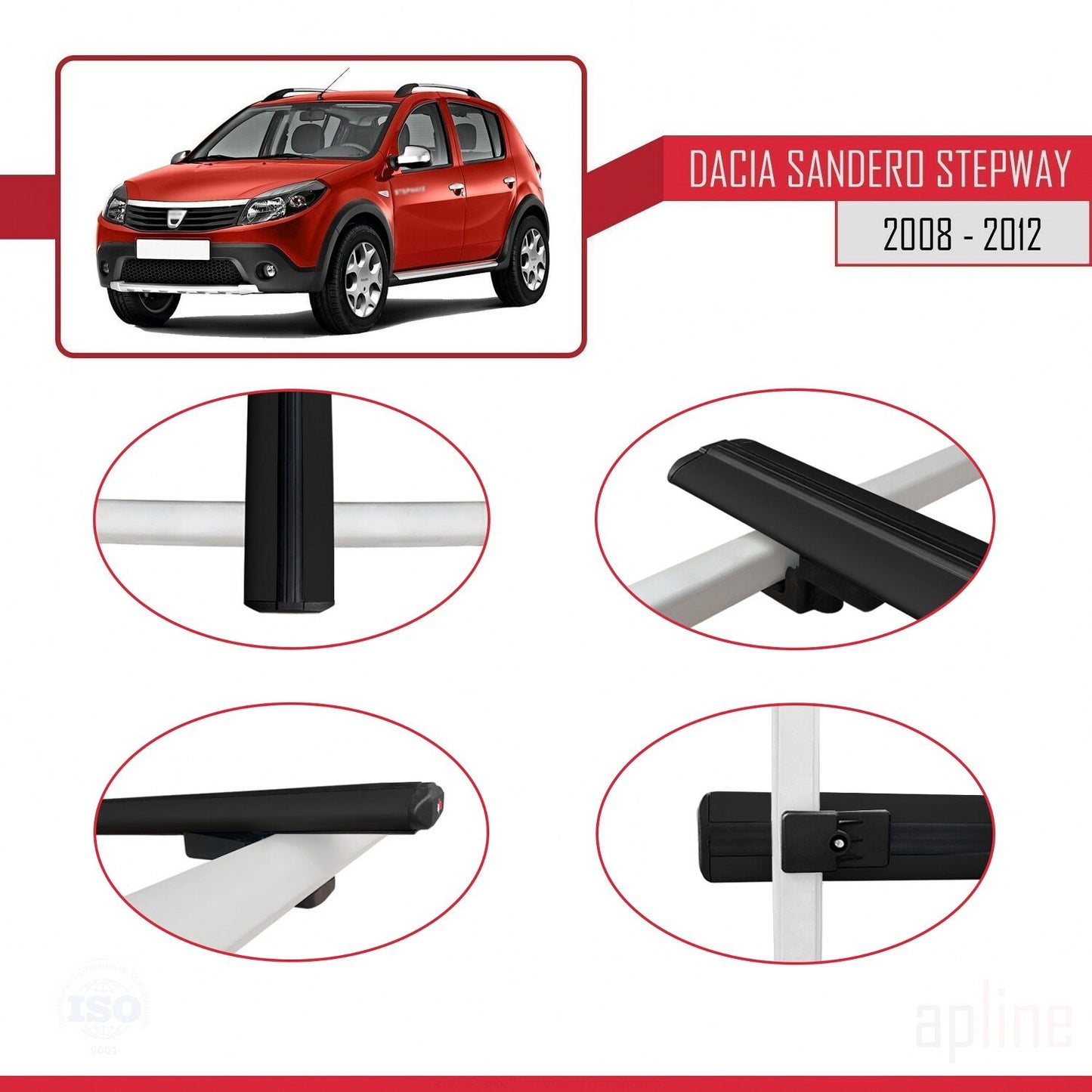 Compatible avec Dacia Sandero Stepway 2008-2012 BASIC Model Barres de Toit Railing Porte-Bagages de Voiture Noir Aluminium 2 Barres