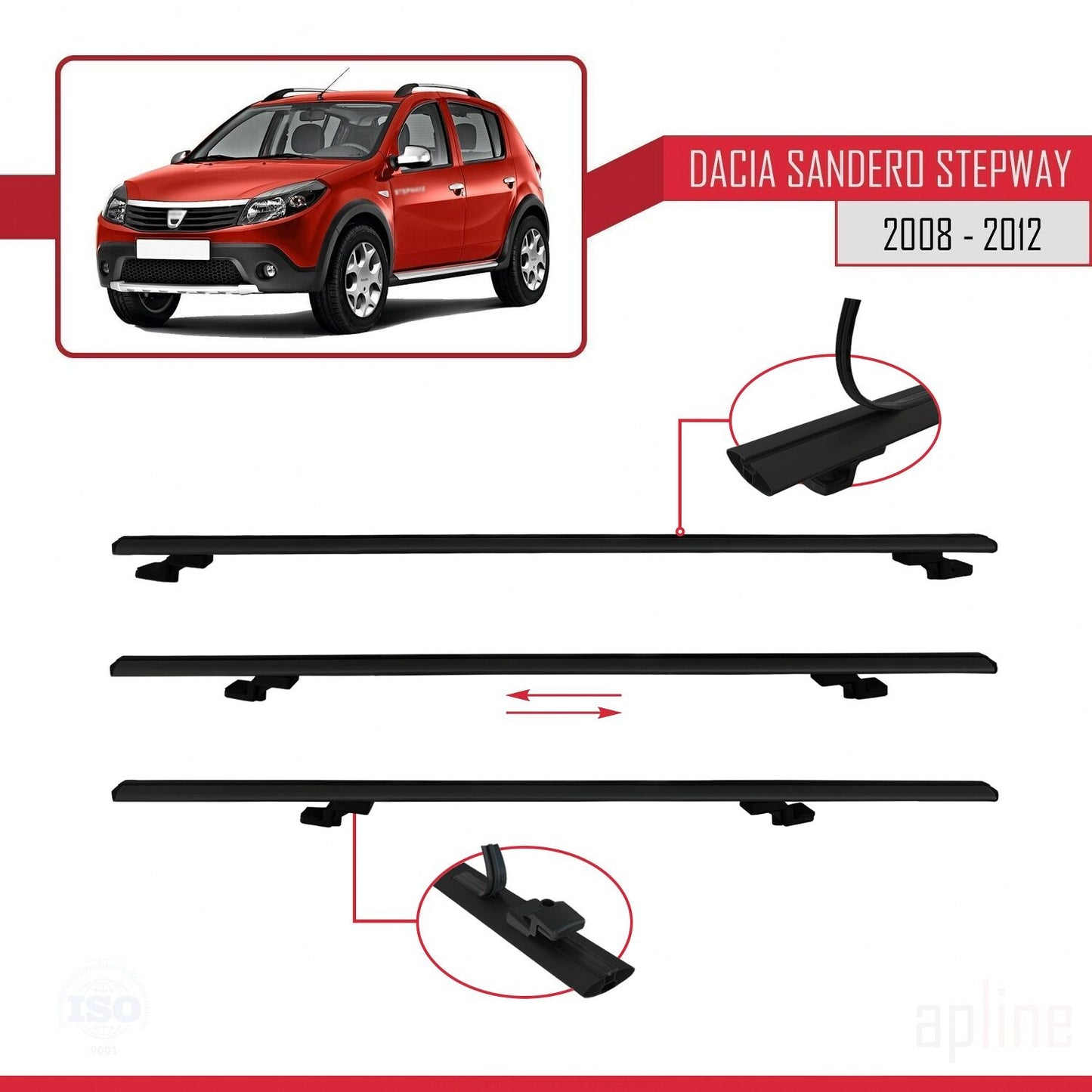 Compatible avec Dacia Sandero Stepway 2008-2012 BASIC Model Barres de Toit Railing Porte-Bagages de Voiture Noir Aluminium 2 Barres