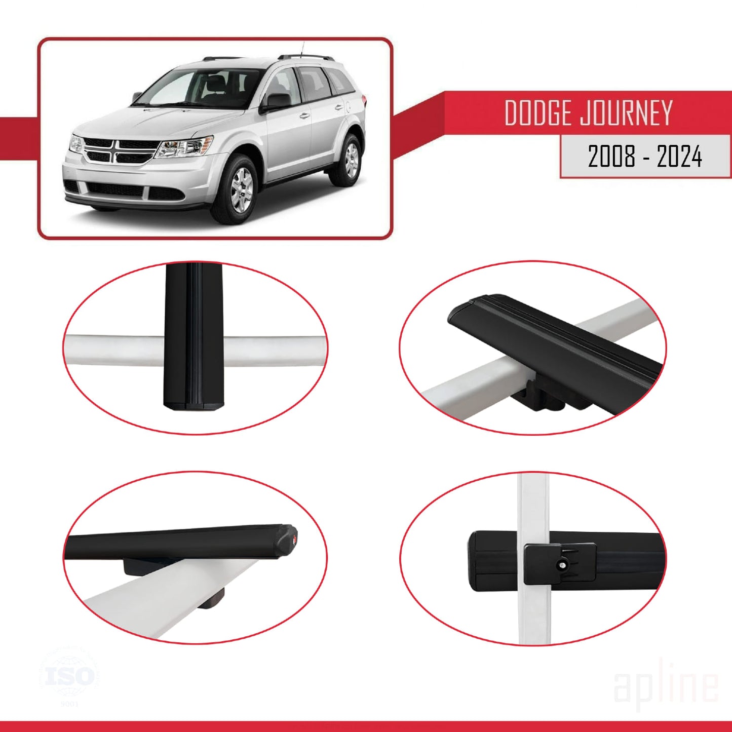 Compatible avec Dodge Journey 2008-2024 BASIC Model Barres de Toit Railing Porte-Bagages de Voiture Noir Aluminium 3 Barres