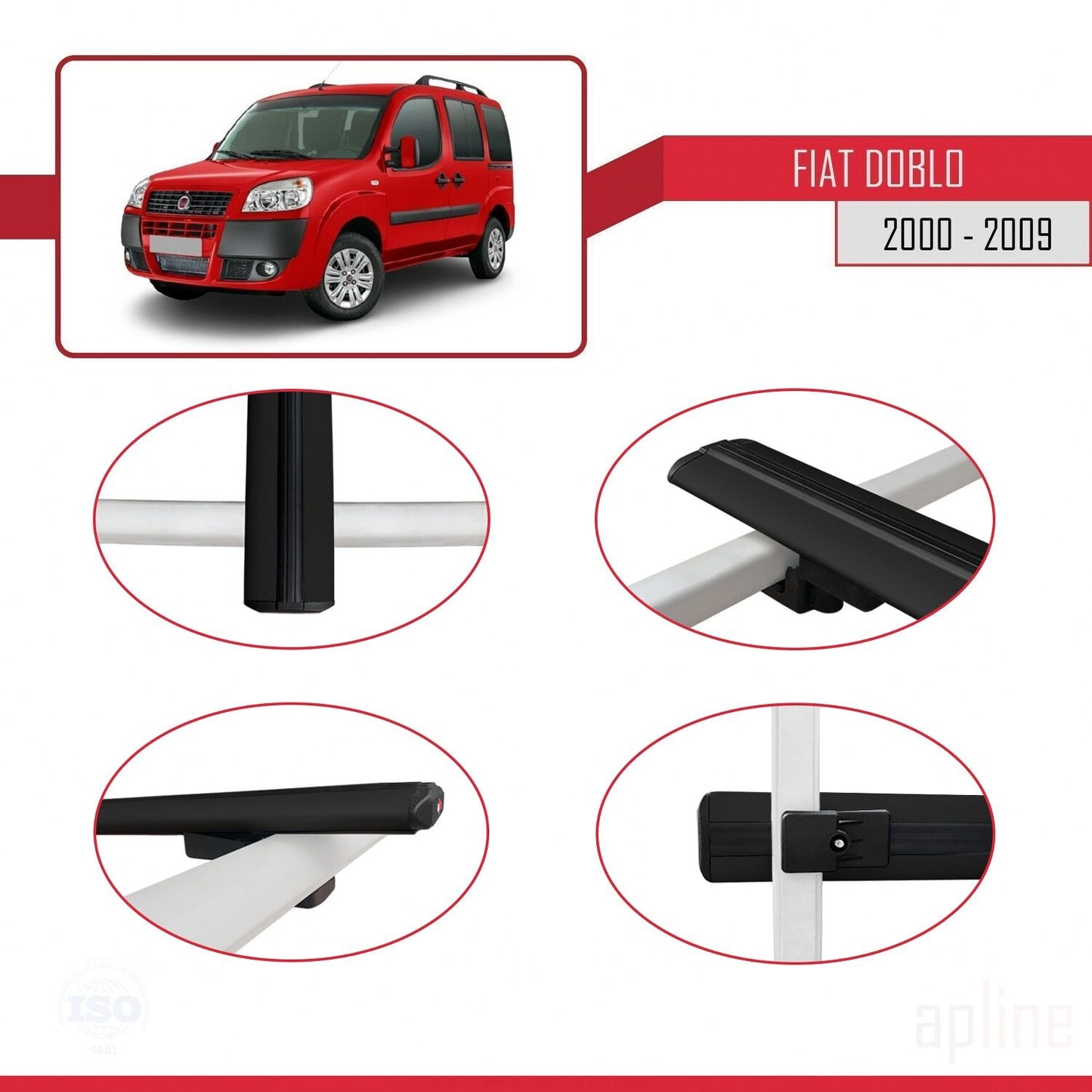 Compatible avec Fiat Doblo 2000-2009 BASIC Model Barres de Toit Railing Porte-Bagages de Voiture Noir Aluminium 2 Barres