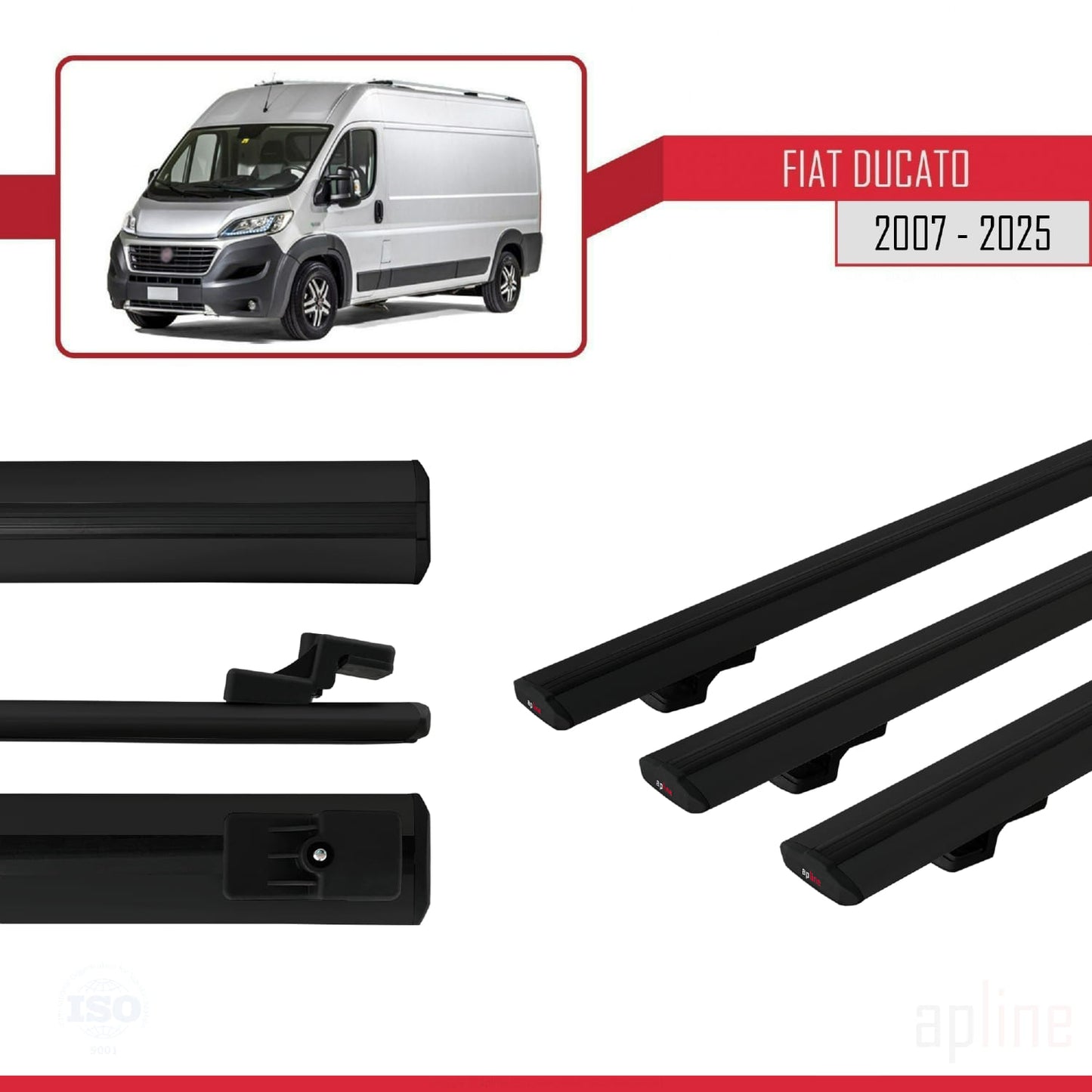 Compatible avec Fiat Ducato 3 2007-2025 BASIC Model Barres de Toit Railing Porte-Bagages de Voiture Noir Aluminium 3 Barres