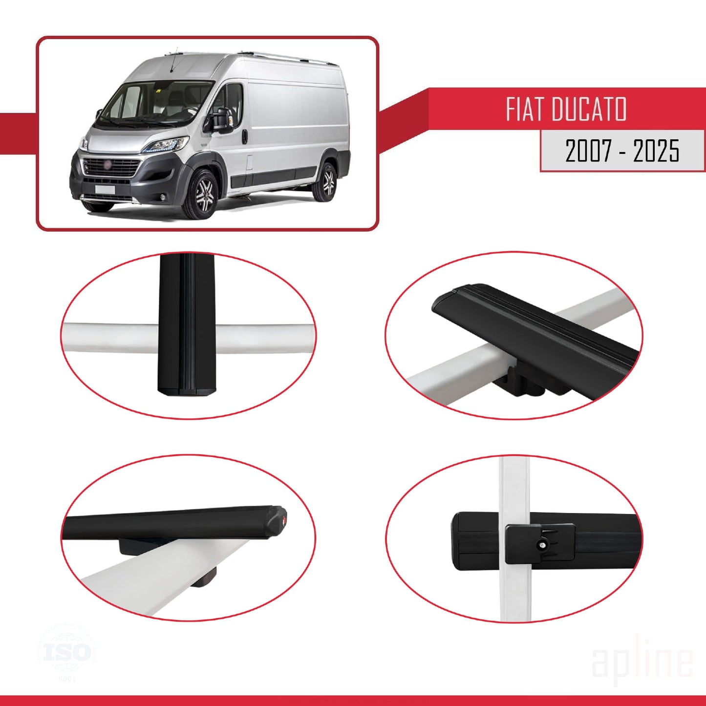 Compatible avec Fiat Ducato 3 2007-2025 BASIC Model Barres de Toit Railing Porte-Bagages de Voiture Noir Aluminium 4 Barres