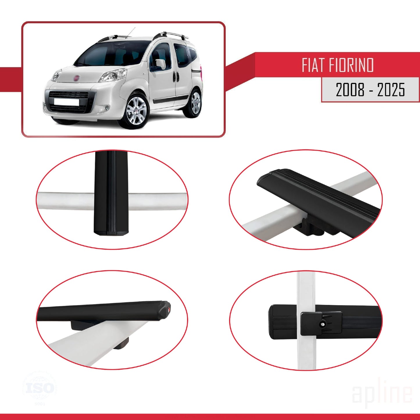 Compatible avec Fiat Fiorino 3 2008-2025 BASIC Model Barres de Toit Railing Porte-Bagages de Voiture Noir Aluminium 2 Barres