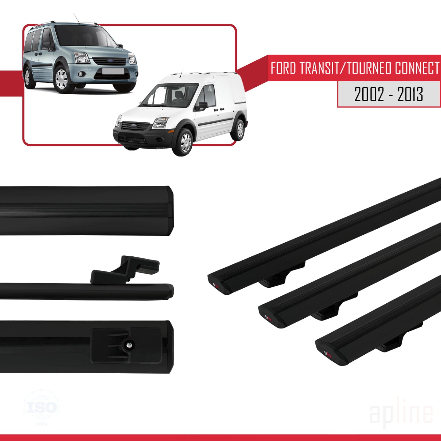 Compatible with Ford Transit/Tourneo Connect 2002-2013 BASIC Model Car Roof Rack Cross Bar Black Aluminium 3 Bars