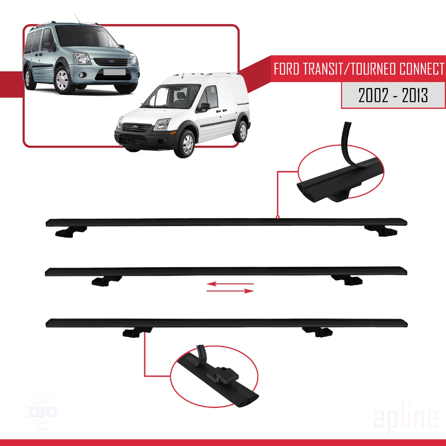 Compatible with Ford Transit/Tourneo Connect 2002-2013 BASIC Model Car Roof Rack Cross Bar Black Aluminium 3 Bars