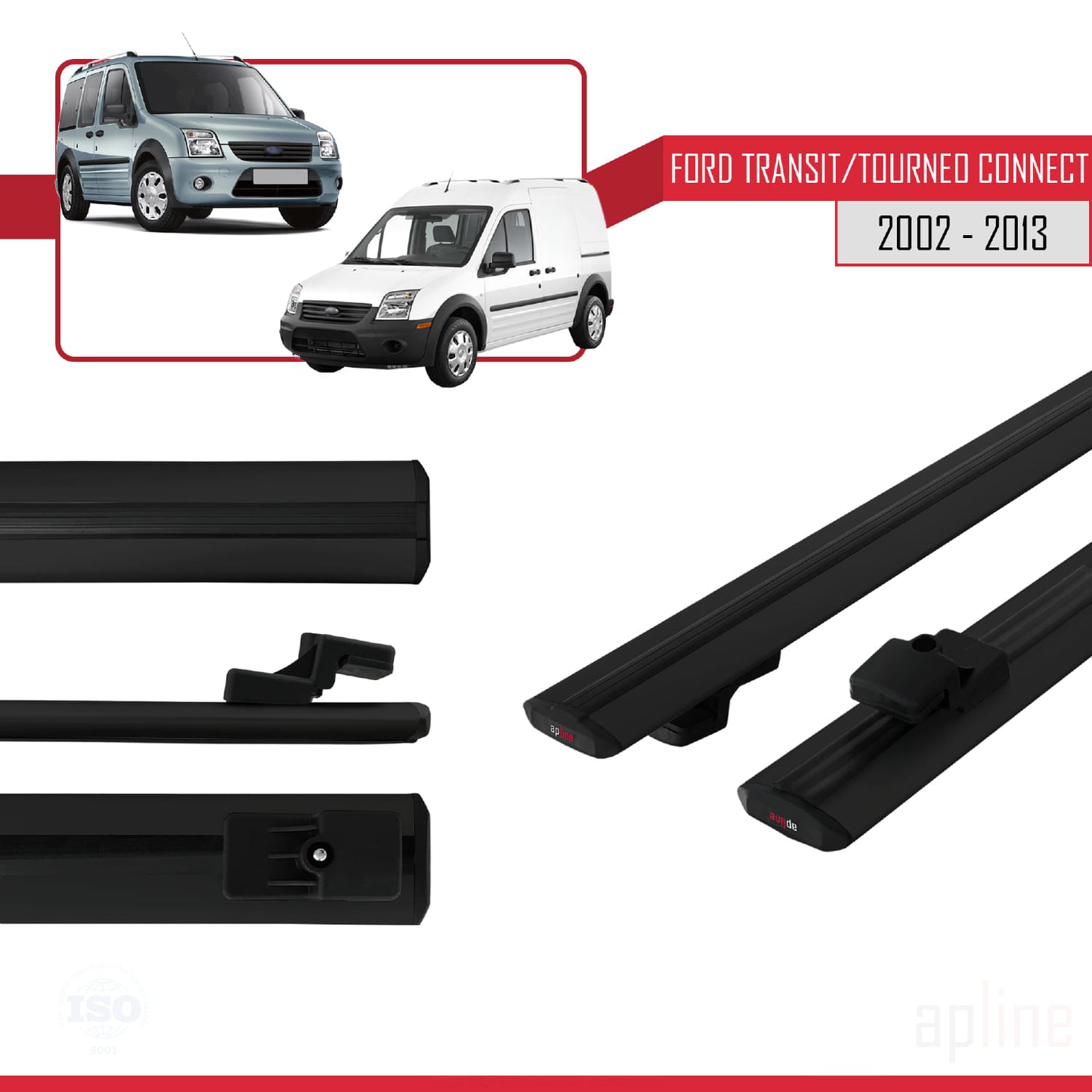 Compatible with Ford Transit/Tourneo Connect 2002-2013 BASIC Model Car Roof Rack Cross Bar Black Aluminium 2 Bars
