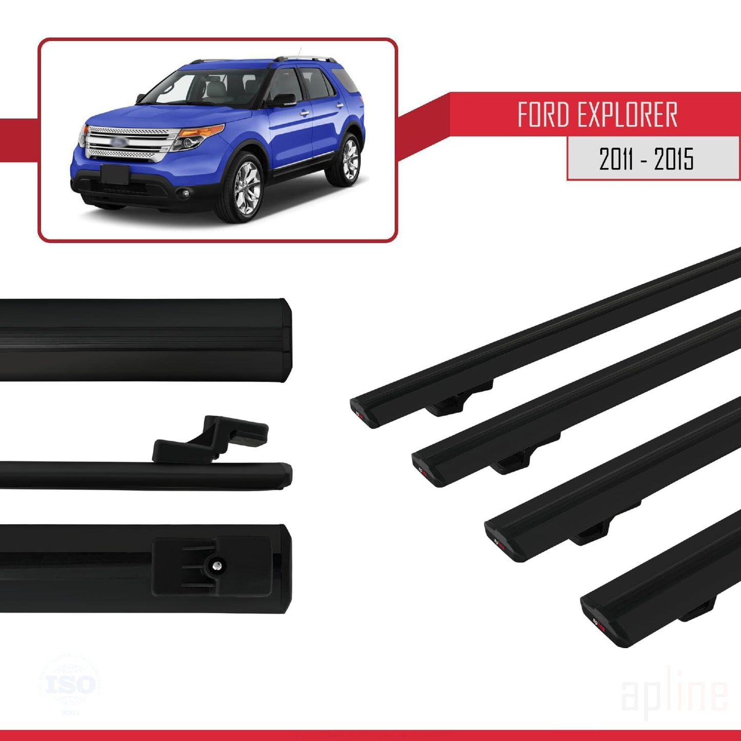 Compatible avec Ford Explorer 5 (U502) Pre-Facelift 2011-2015 BASIC Model Barres de Toit Railing Porte-Bagages de Voiture Noir Aluminium 4 Barres