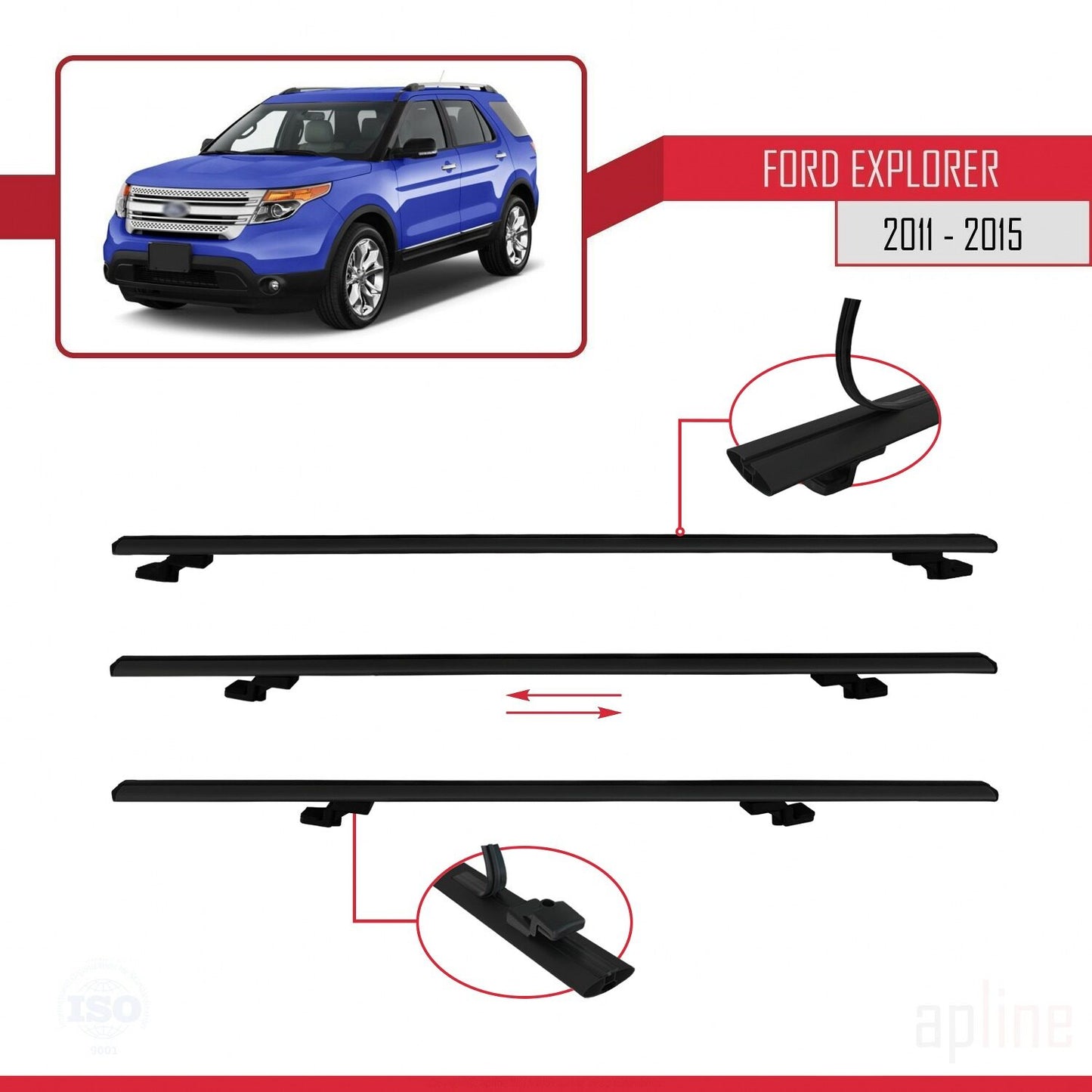 Compatible avec Ford Explorer 5 (U502) Pre-Facelift 2011-2015 BASIC Model Barres de Toit Railing Porte-Bagages de Voiture Noir Aluminium 2 Barres