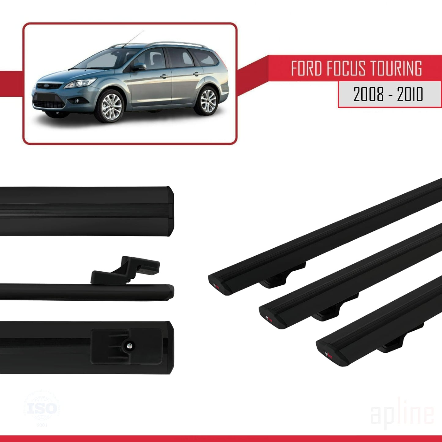 BASIC Model Dakdrager bagagedrager compatibel met Ford Focus 2 (C307) Turnier 2008-2010 Spoorstaven Zwart Aluminium 3 Staven