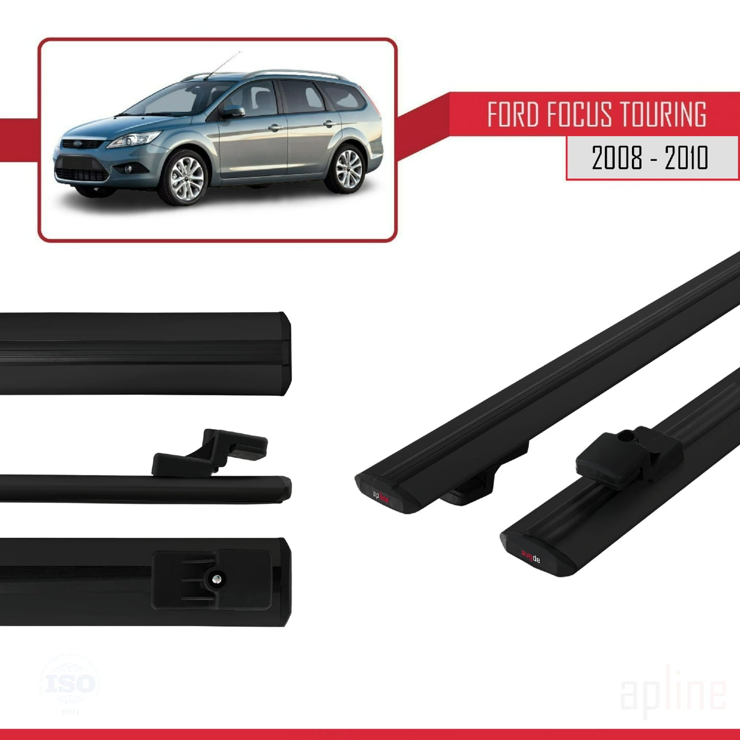 BASIC Model Dakdrager bagagedrager compatibel met Ford Focus 2 (C307) Turnier 2008-2010 Spoorstaven Zwart Aluminium 2 Staven