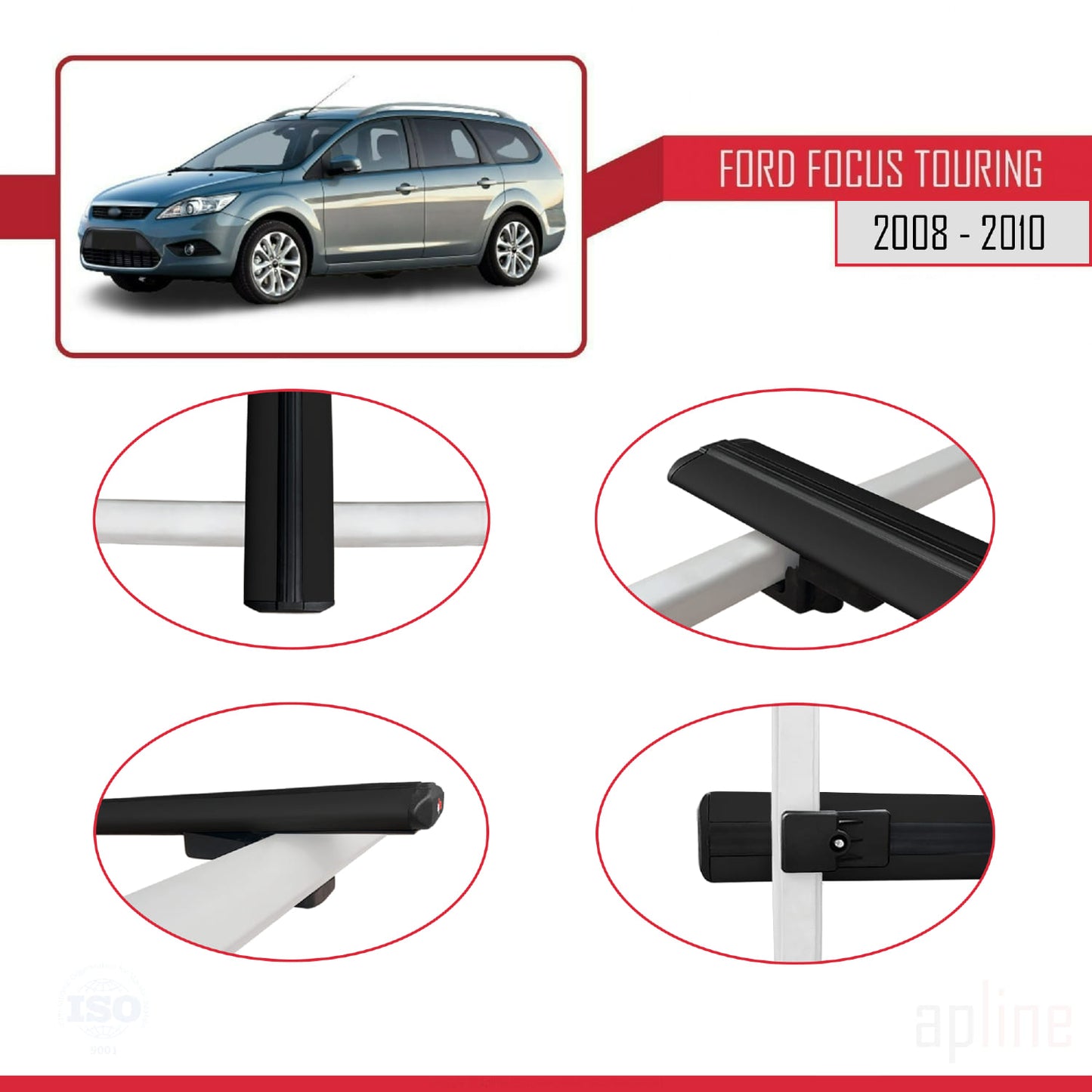 BASIC Model Dakdrager bagagedrager compatibel met Ford Focus 2 (C307) Turnier 2008-2010 Spoorstaven Zwart Aluminium 2 Staven
