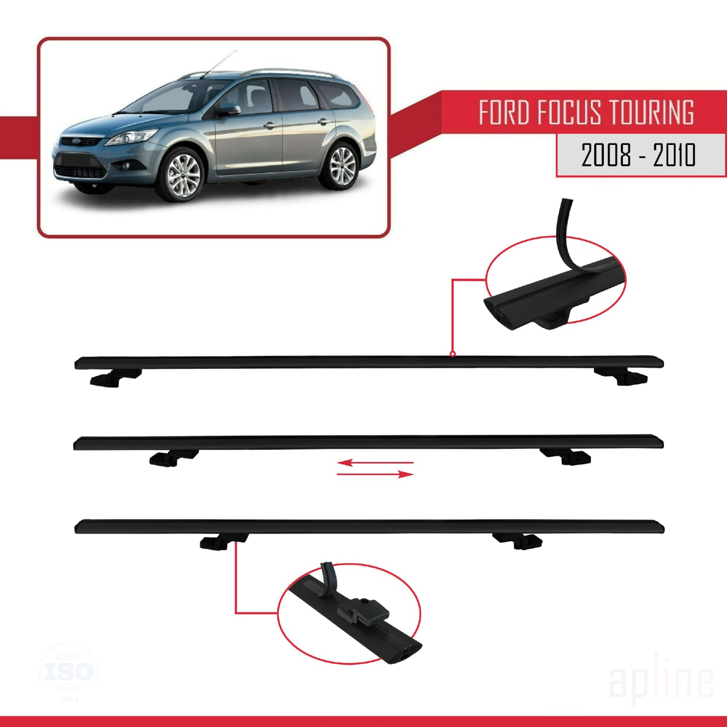 BASIC Model Dakdrager bagagedrager compatibel met Ford Focus 2 (C307) Turnier 2008-2010 Spoorstaven Zwart Aluminium 2 Staven