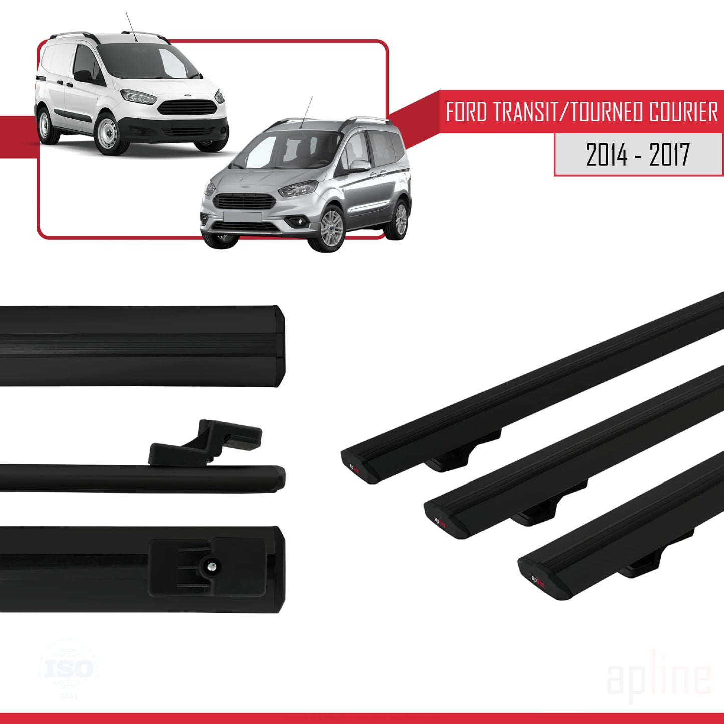 BASIC Model Dakdrager bagagedrager compatibel met Ford Transit/Tourneo Courier Pre-Facelift 2014-2017 Spoorstaven Zwart Aluminium 3 Staven