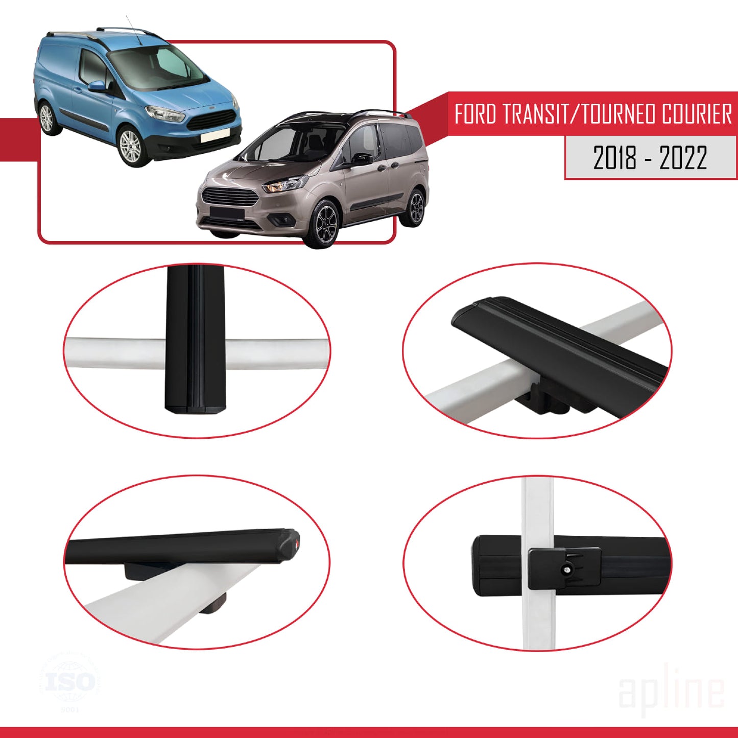 BASIC Model Dakdrager bagagedrager compatibel met Ford Transit/Tourneo Courier Post-Facelift 2018-2022 Spoorstaven Zwart Aluminium 3 Staven