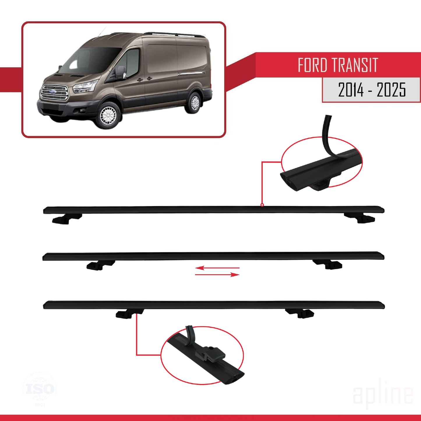 Compatible avec Ford Transit 2014-2025 BASIC Model Barres de Toit Railing Porte-Bagages de Voiture Noir Aluminium 3 Barres